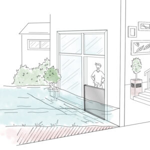 Illustration d’un batardeau anti-inondation ATOLE installé devant une baie vitrée pour protéger une habitation des crues.