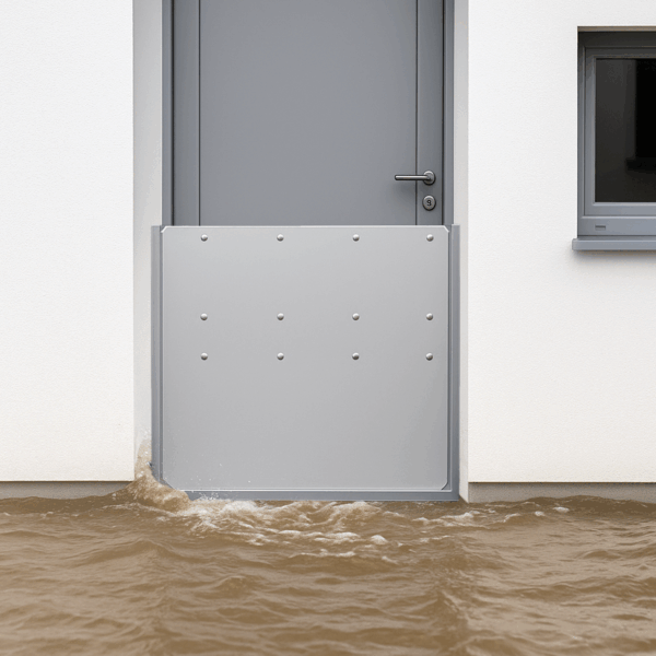 Batardeau gris installé en tunnel sur une porte d'entrée de maison blanche, bloquant la montée des eaux de crue.