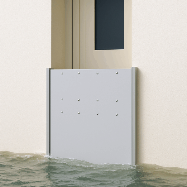Barrière anti-inondation ATOLE installée en applique sur une façade claire, retenant l'eau à l'extérieur d'une maison.