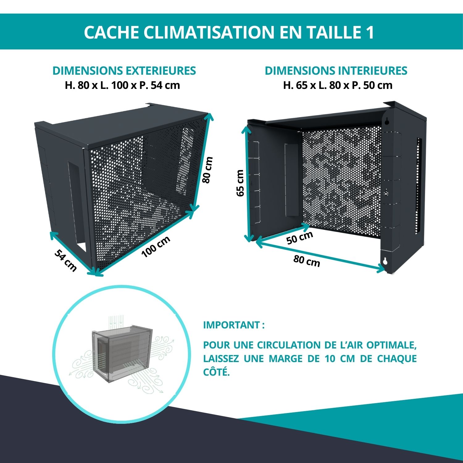 Dimensions du cache climatiseur baroque gris anthracite - Taille 1 et conseils de prise de mesures