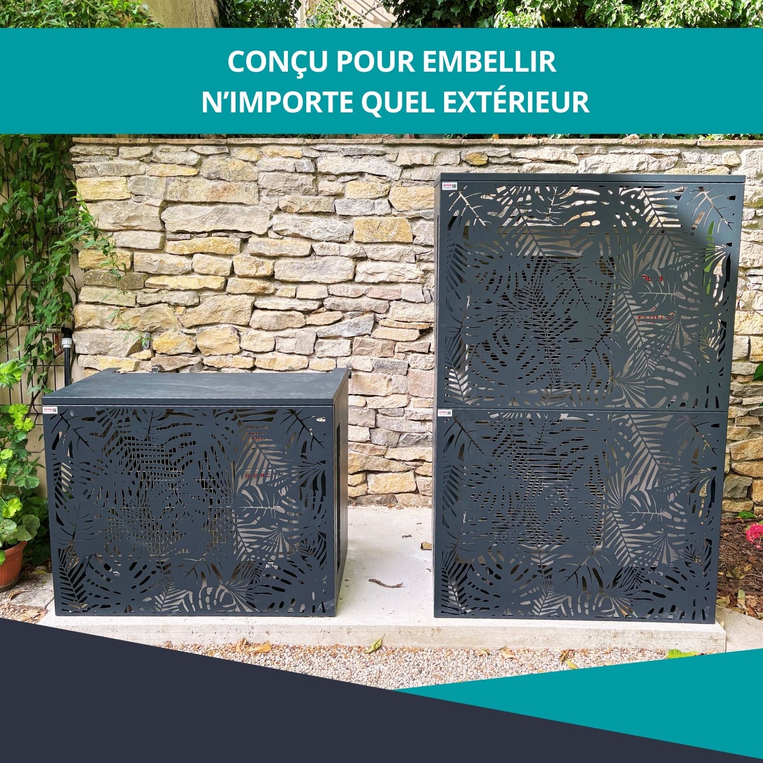 Cache climatiseur jungle gris anthracite installé en extérieur - rendu final