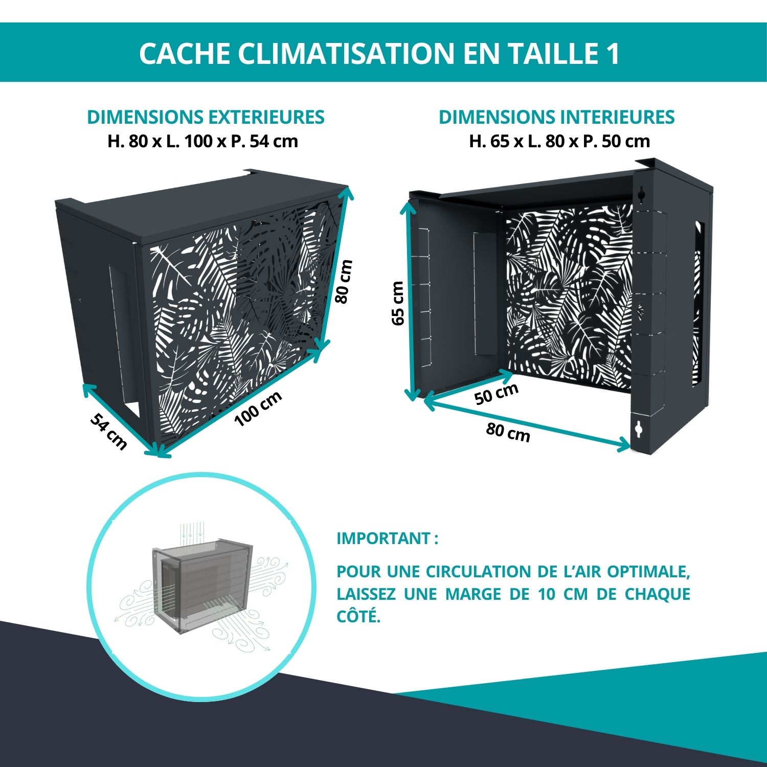 Dimensions du cache climatiseur jungle gris anthracite - Taille 1 et conseils de prise de mesures