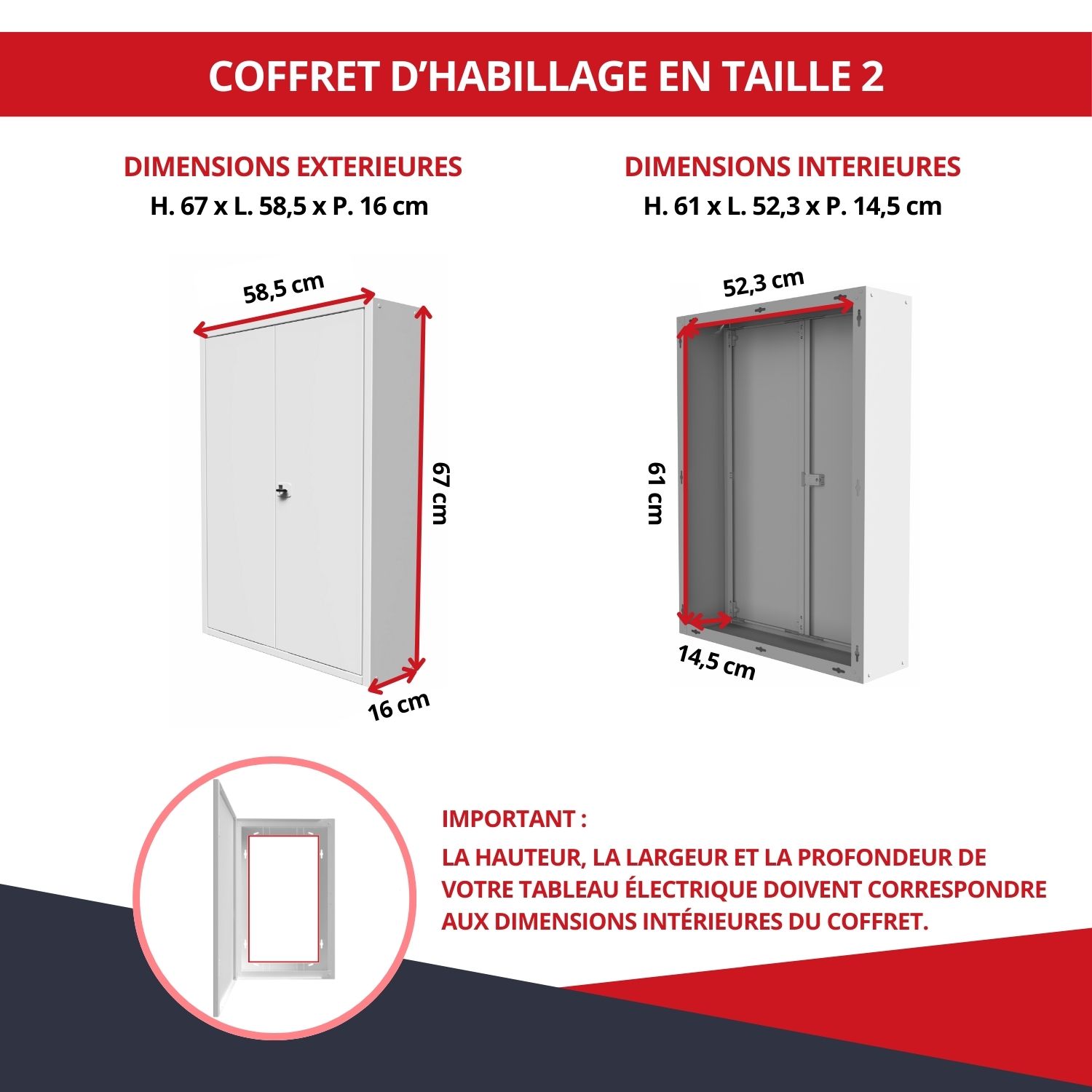 Dimensions du coffret d’habillage 2 travées avec serrure blanc - taille 2