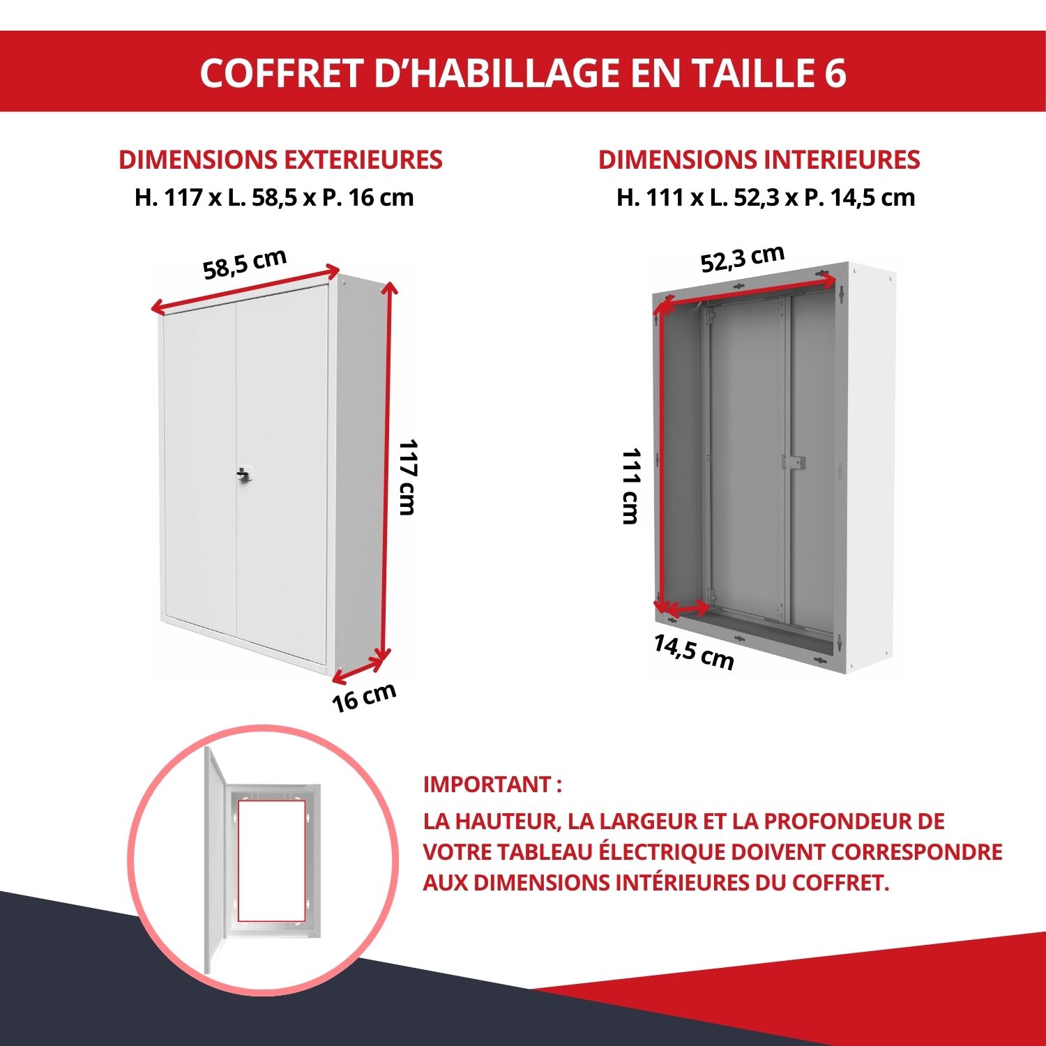 Dimensions du coffret d’habillage 2 travées avec serrure blanc - taille 6