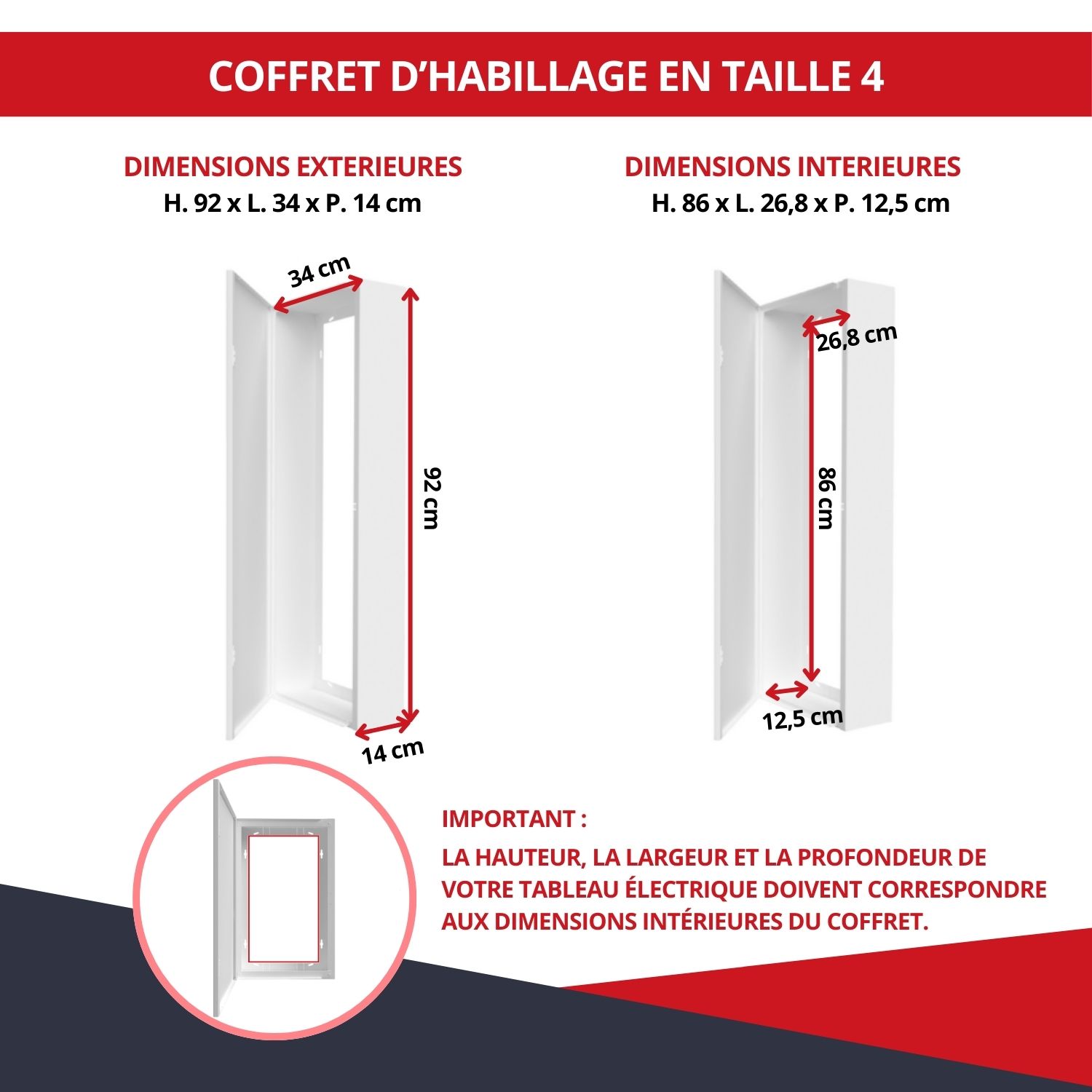 Dimensions du coffret d’habillage standard blanc - taille 4