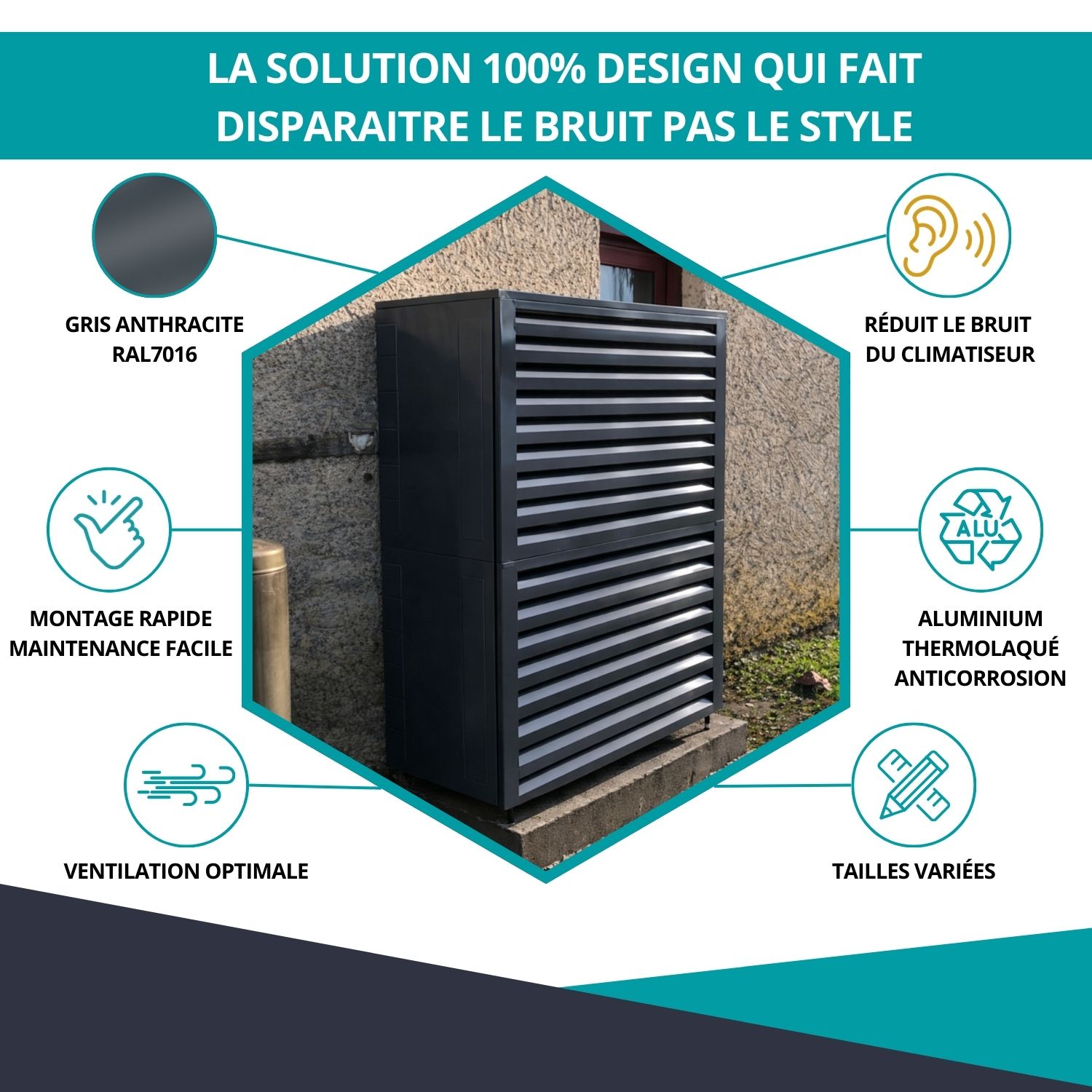 Avantages du cache climatiseur acoustique à ventelle gris anthracite taille 4