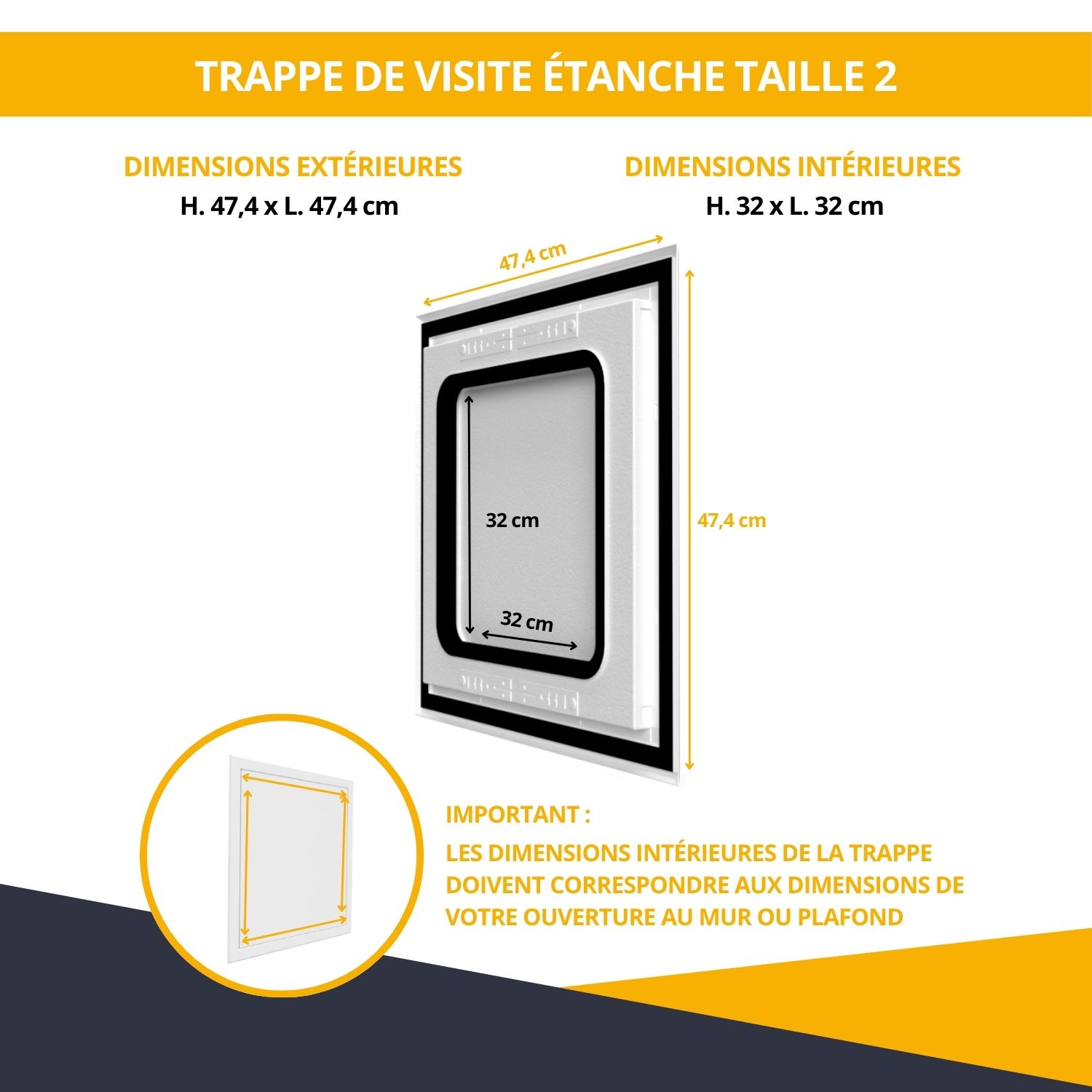Dimensions de la trappe de visite étanche et cotes d’encastrement