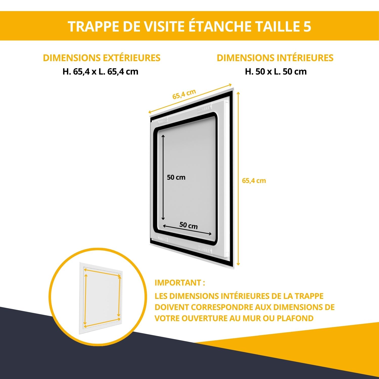 Dimensions de la trappe de visite étanche et cotes d’encastrement