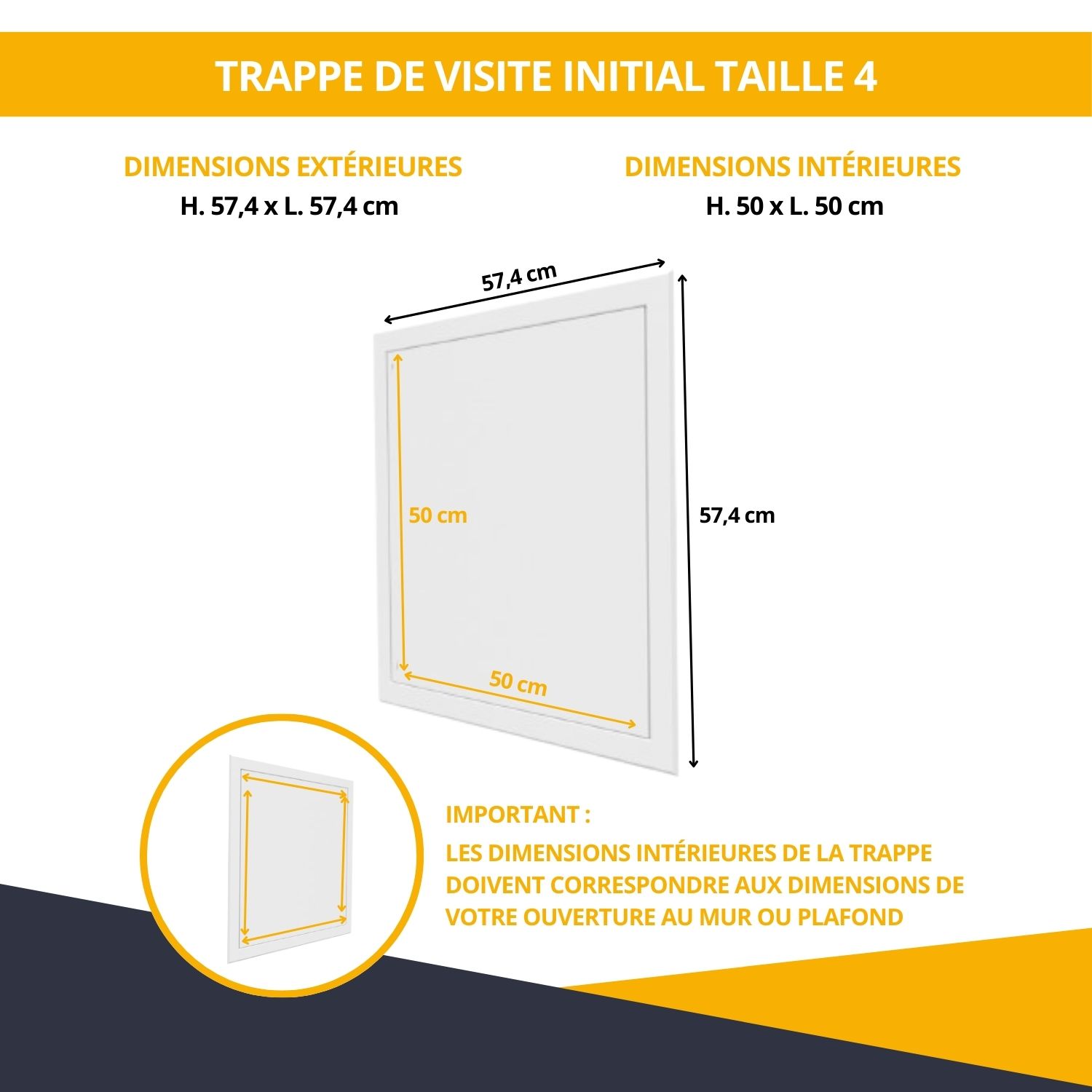 Dimensions de la trappe de visite initial et cotes d’encastrement