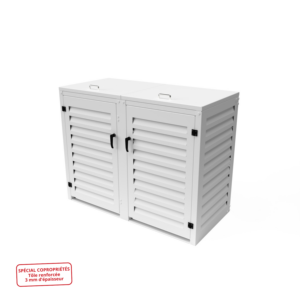 Abri poubelle double blanc 360L en aluminium thermolaqué et tôle renforcée 3 mm - visuel 3D