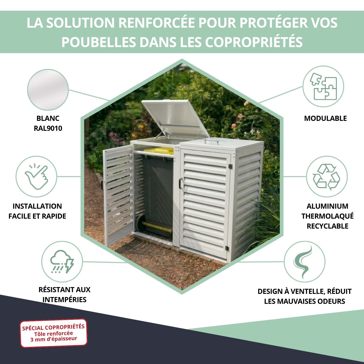 Avantages abri poubelle double blanc 360L copropriété