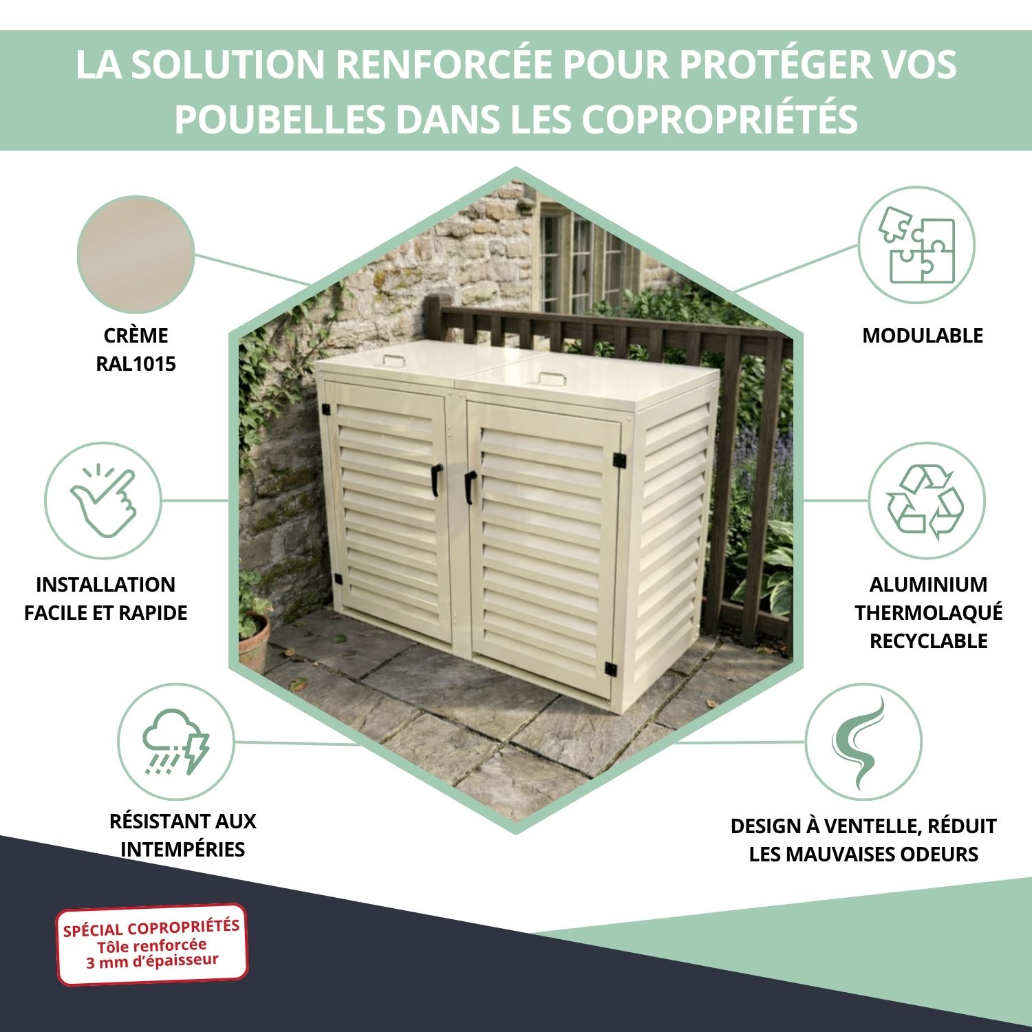 Avantages abri poubelle double crème 360L copropriété