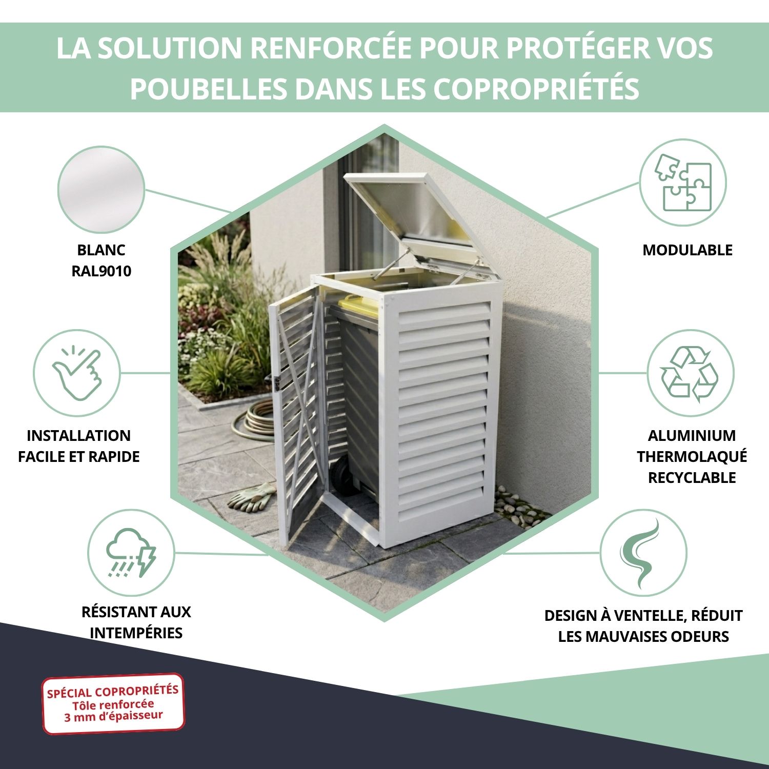Avantages abri poubelle blanc 360L copropriété
