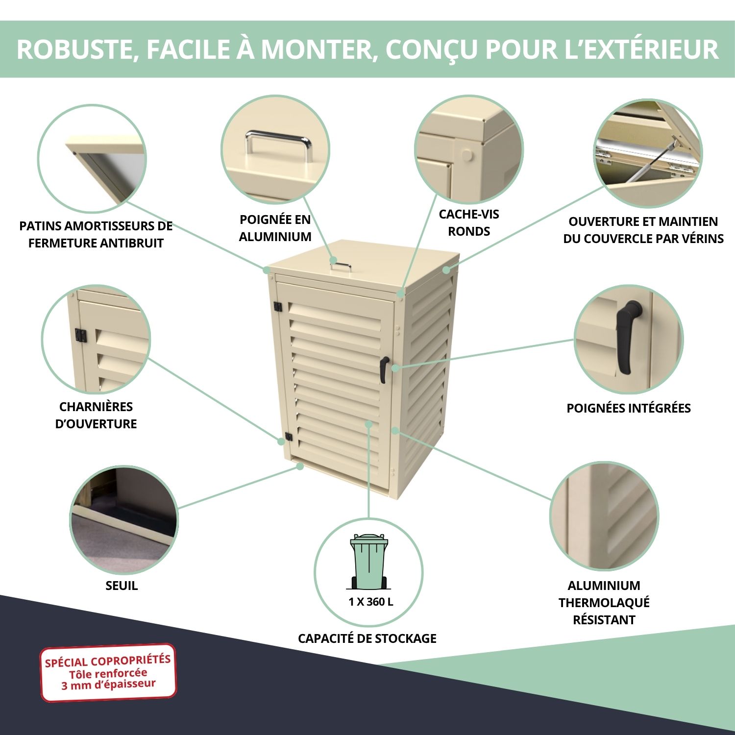 Caractéristiques abri poubelle crème