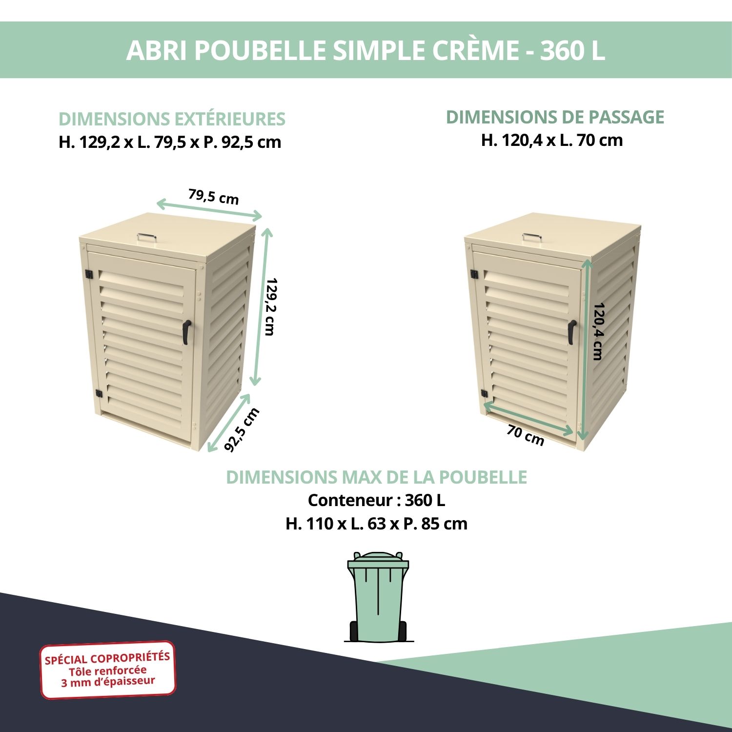 Dimensions abri poubelle crème 360L