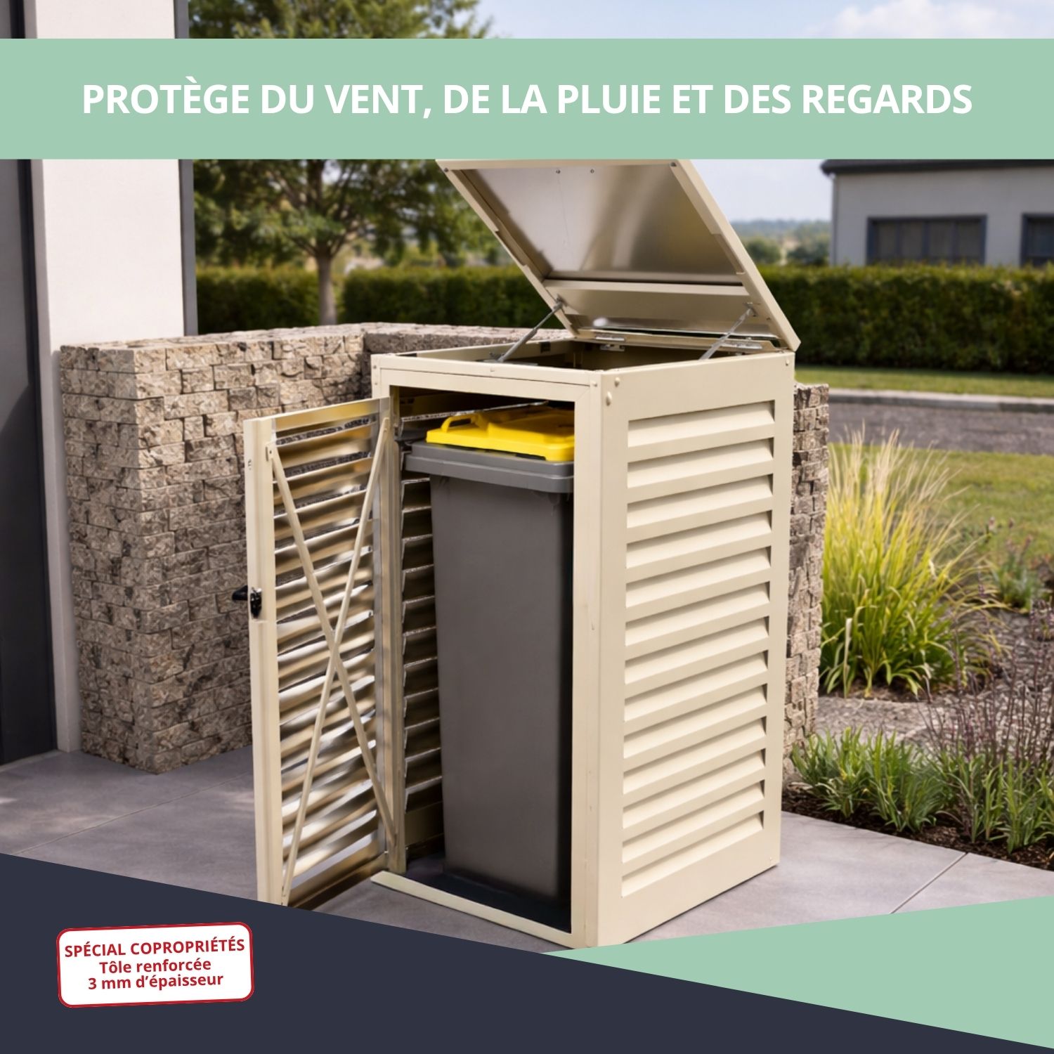 Abri poubelle crème installé en copropriété