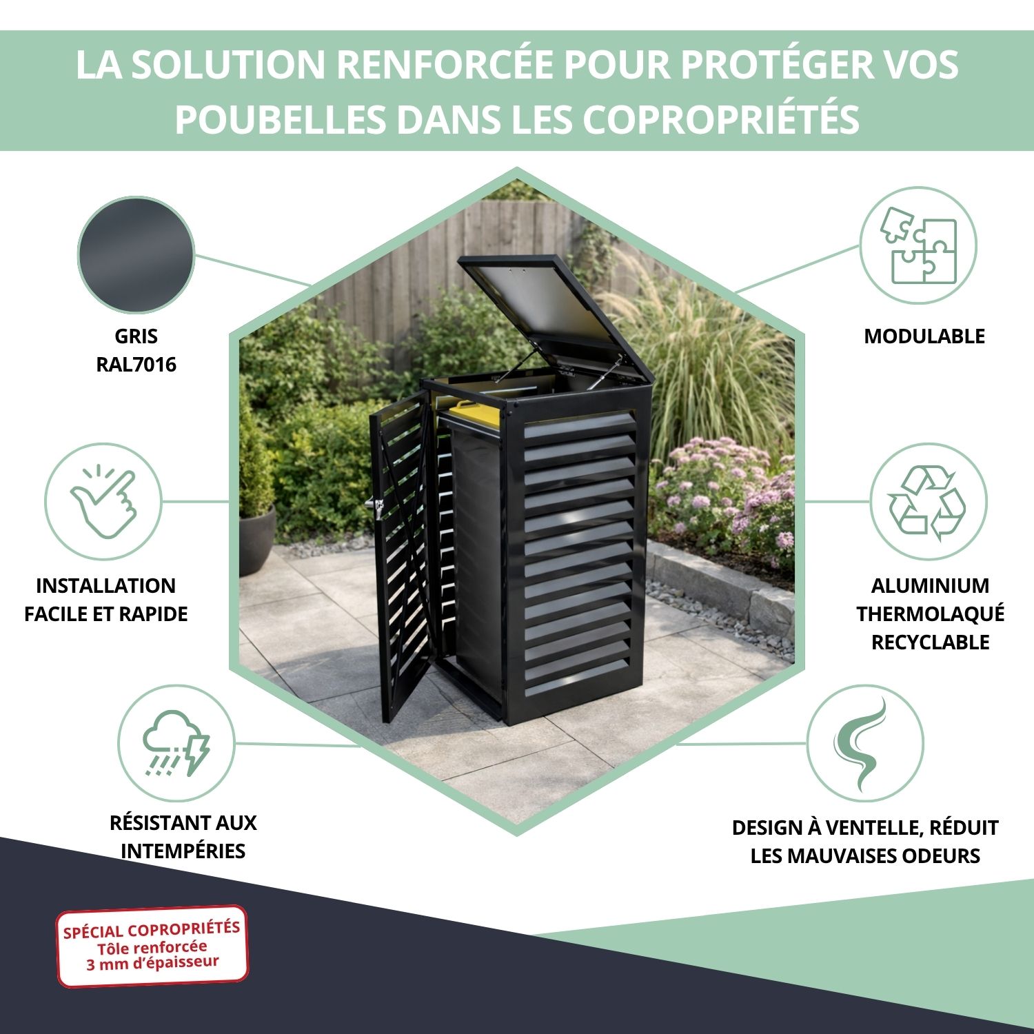 Avantages abri poubelle gris 360L pour copropriété