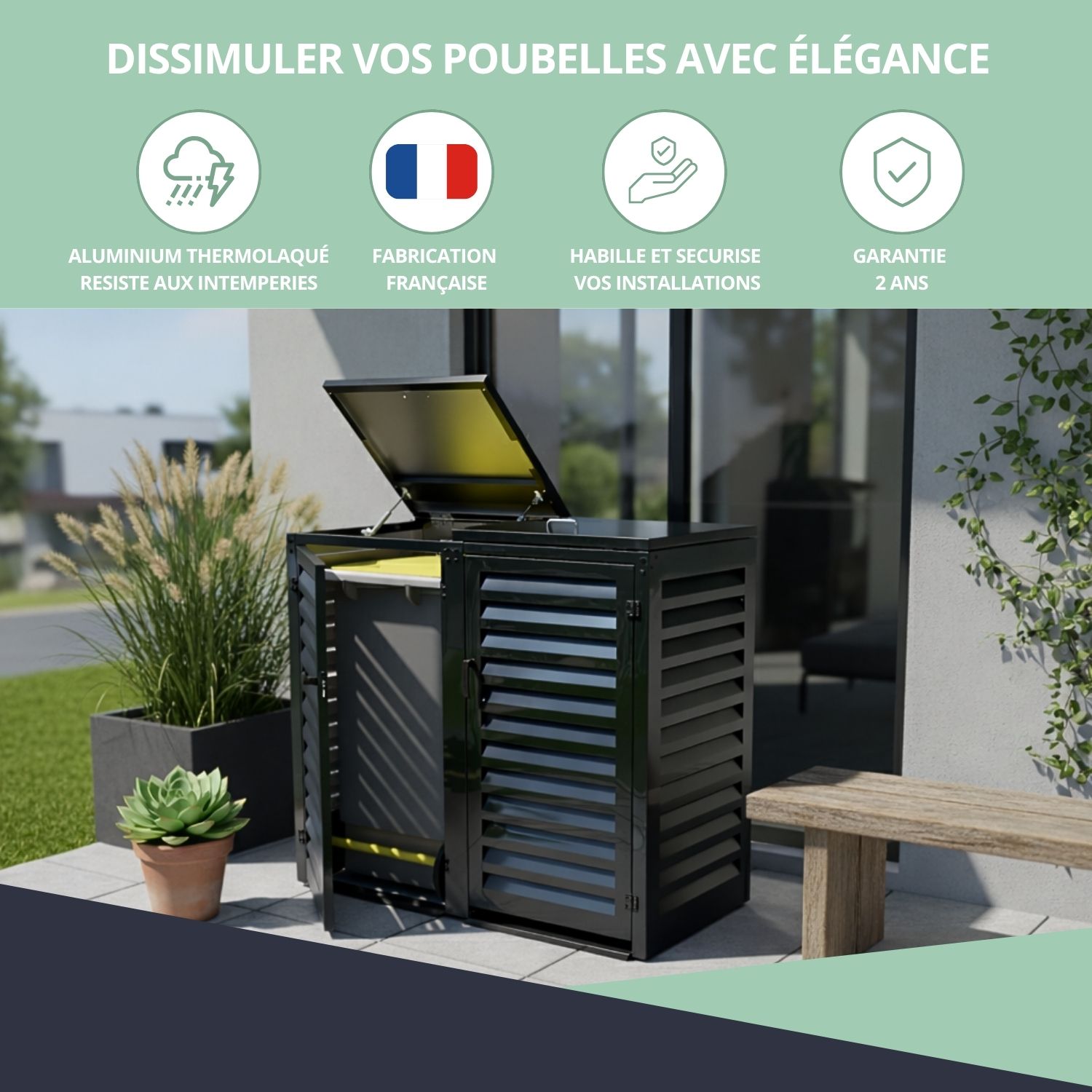 Abri poubelle double - gris anthracite - 129,4 x 158,8 x 80,4 cm - pour poubelles 240 L - Ref. MAC240GR-MACMC240GR – Image 7