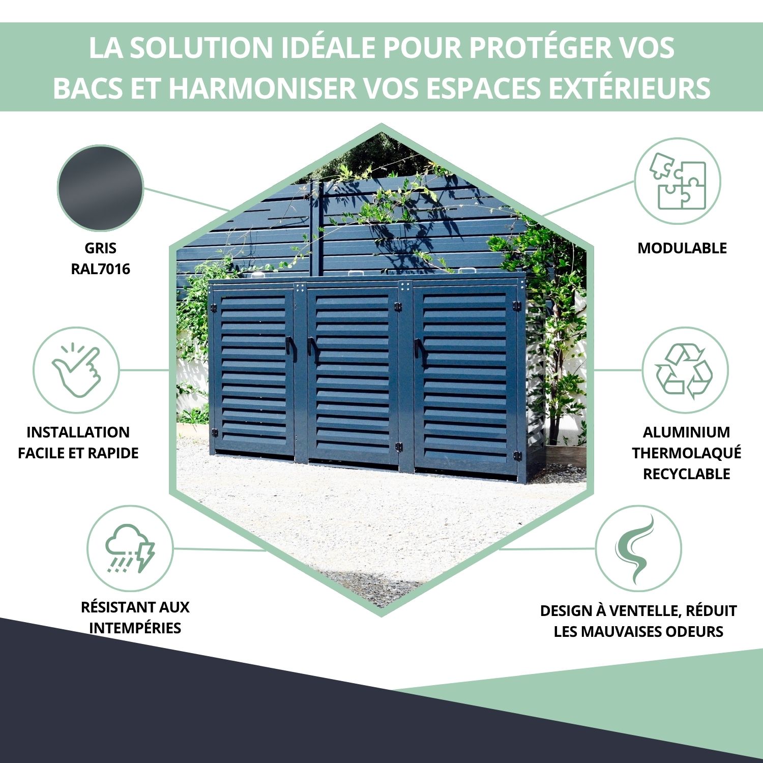 Abri poubelle triple - gris anthracite - 129,4 x 238,2 x 80,4 cm - pour poubelles 240 L - Ref. MAC240GR-MACMC240GR-MACMC240GR – Image 2