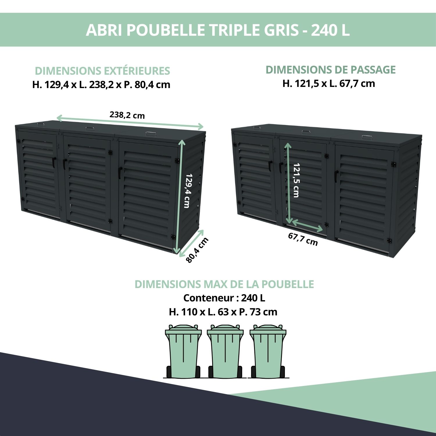 Abri poubelle triple - gris anthracite - 129,4 x 238,2 x 80,4 cm - pour poubelles 240 L - Ref. MAC240GR-MACMC240GR-MACMC240GR – Image 3