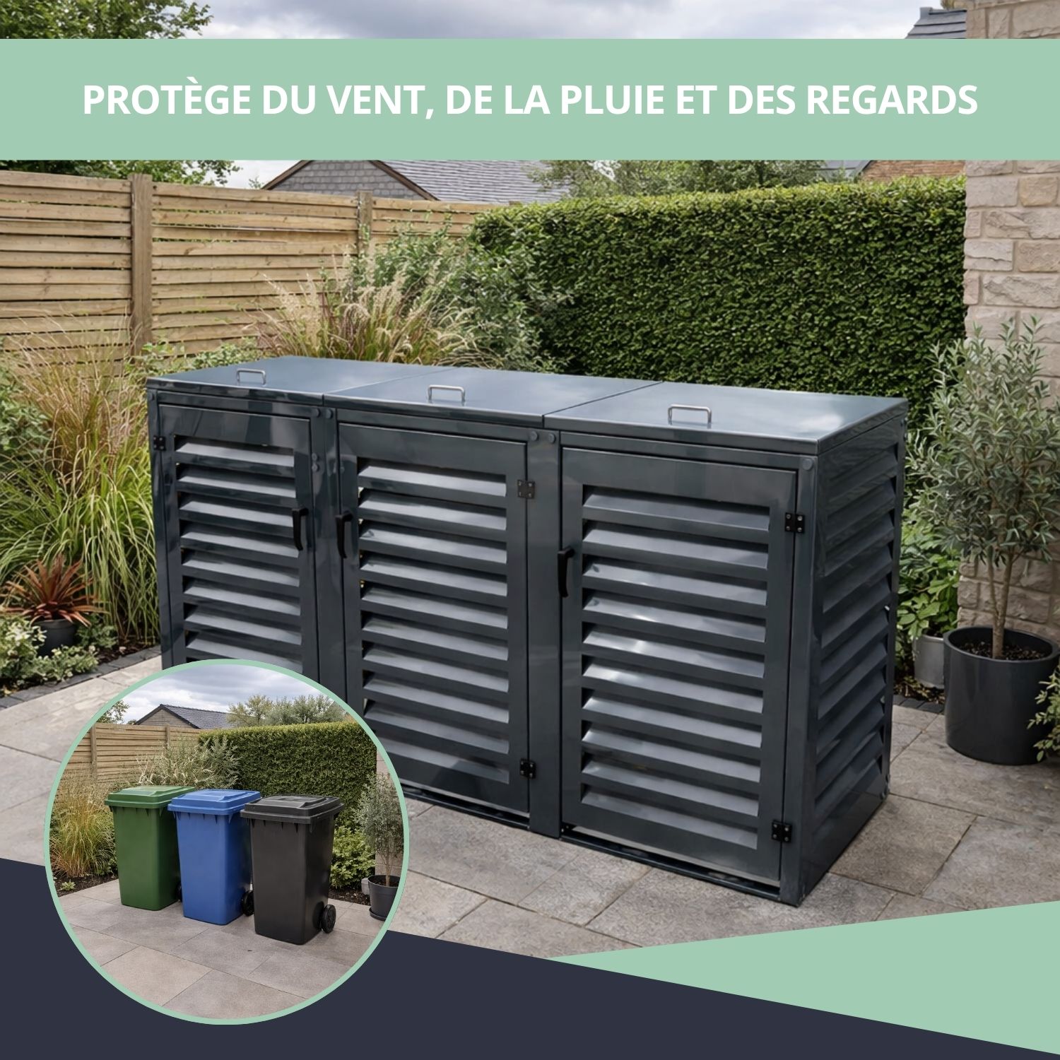 Abri poubelle triple - gris anthracite - 129,4 x 238,2 x 80,4 cm - pour poubelles 240 L - Ref. MAC240GR-MACMC240GR-MACMC240GR – Image 4