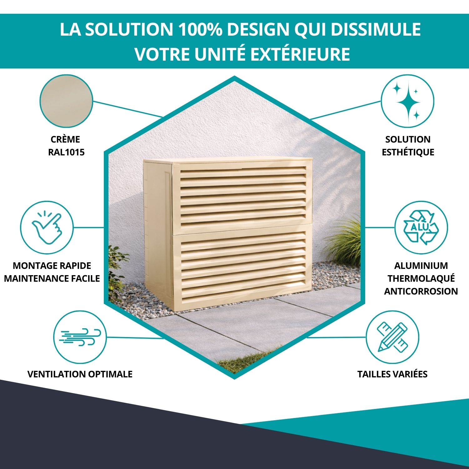 Cache clim Ventelle taille 3 – H. 130 x L. 135 x P. 85 cm – Crème – Réf. HCI305HCR – Image 2