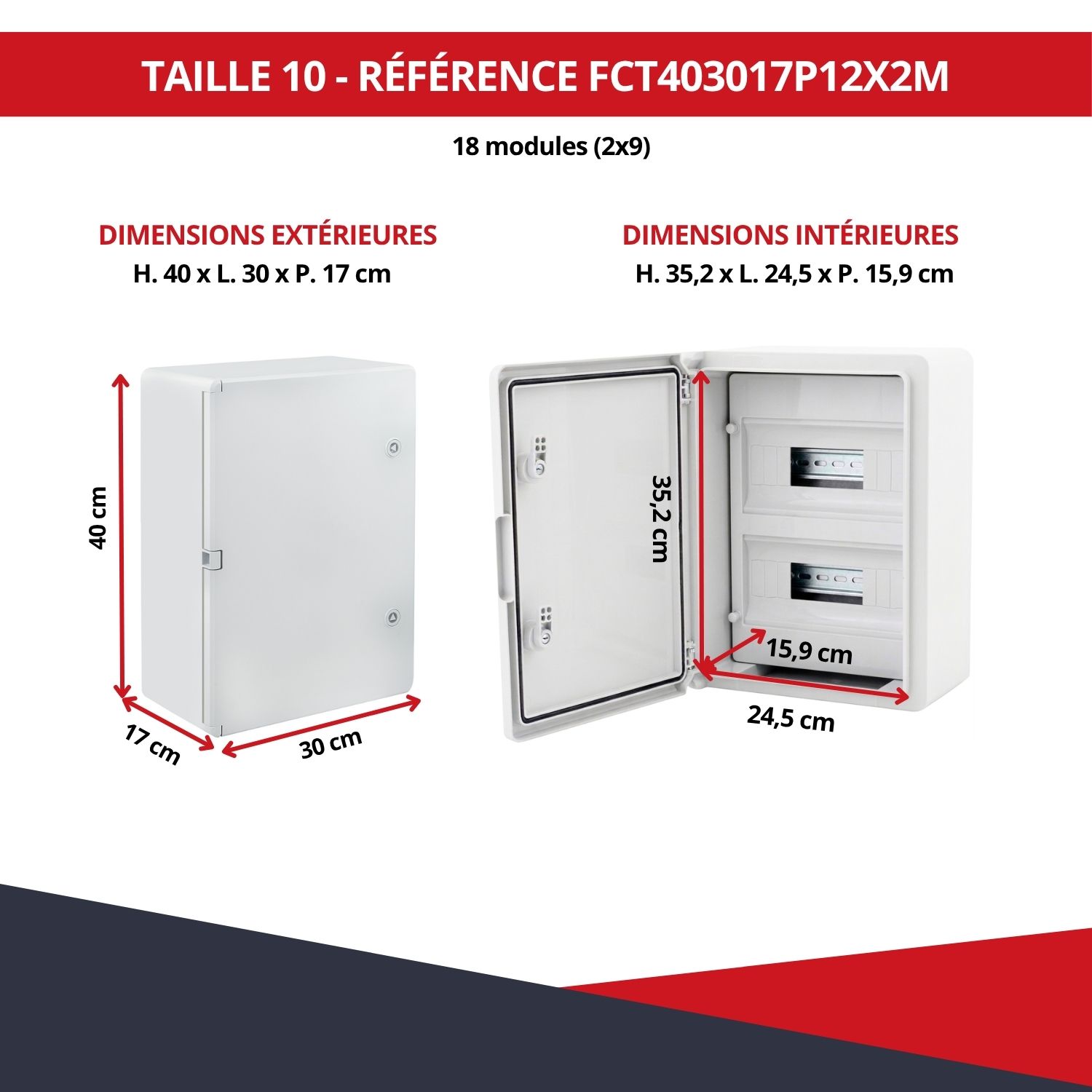 Dimensions boîtier électrique ABS étanche 2 x 12 modules FCT403017P12X2M 40 x 30 x 17 cm
