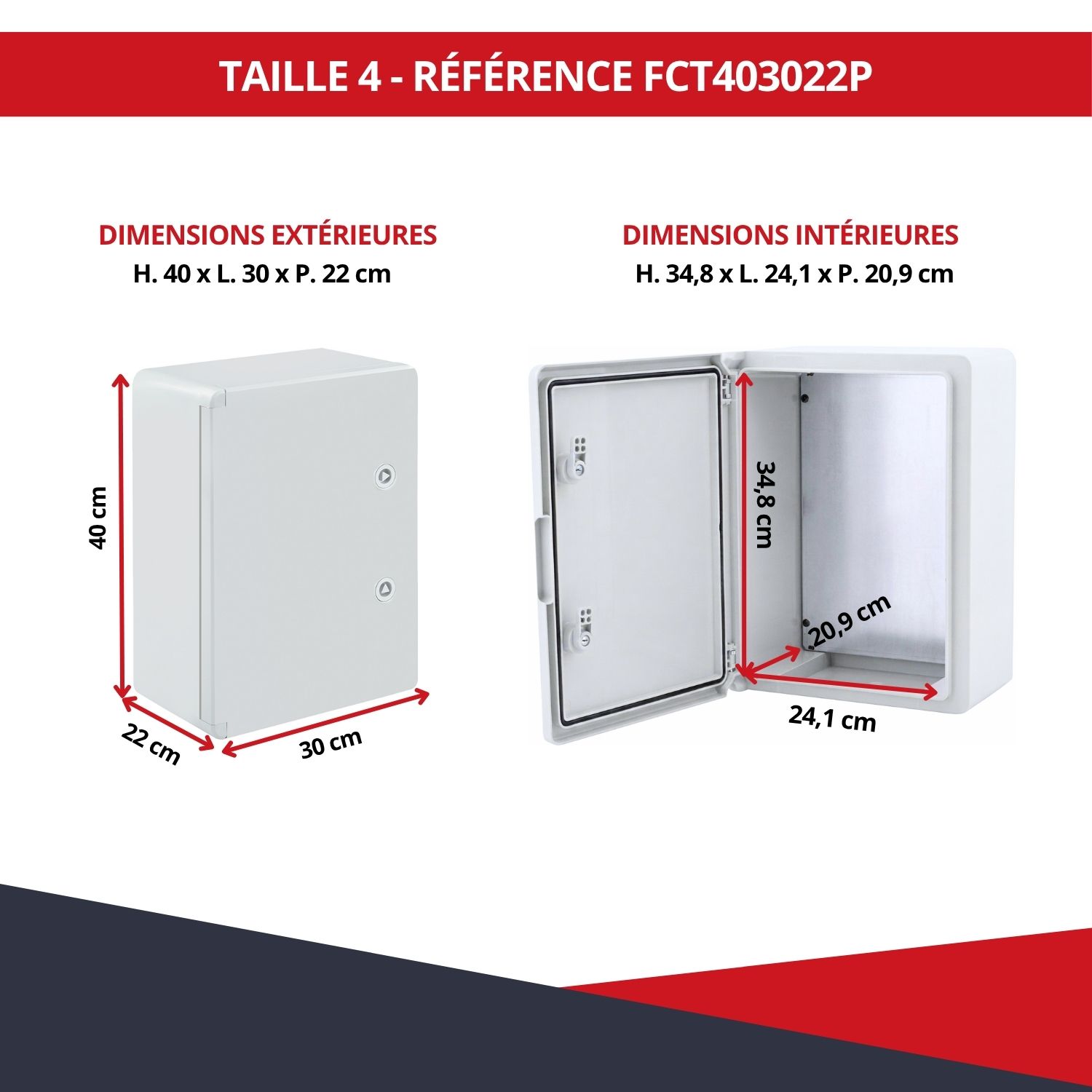 Dimensions boîtier électrique ABS étanche FCT403022P 40 x 30 x 22 cm