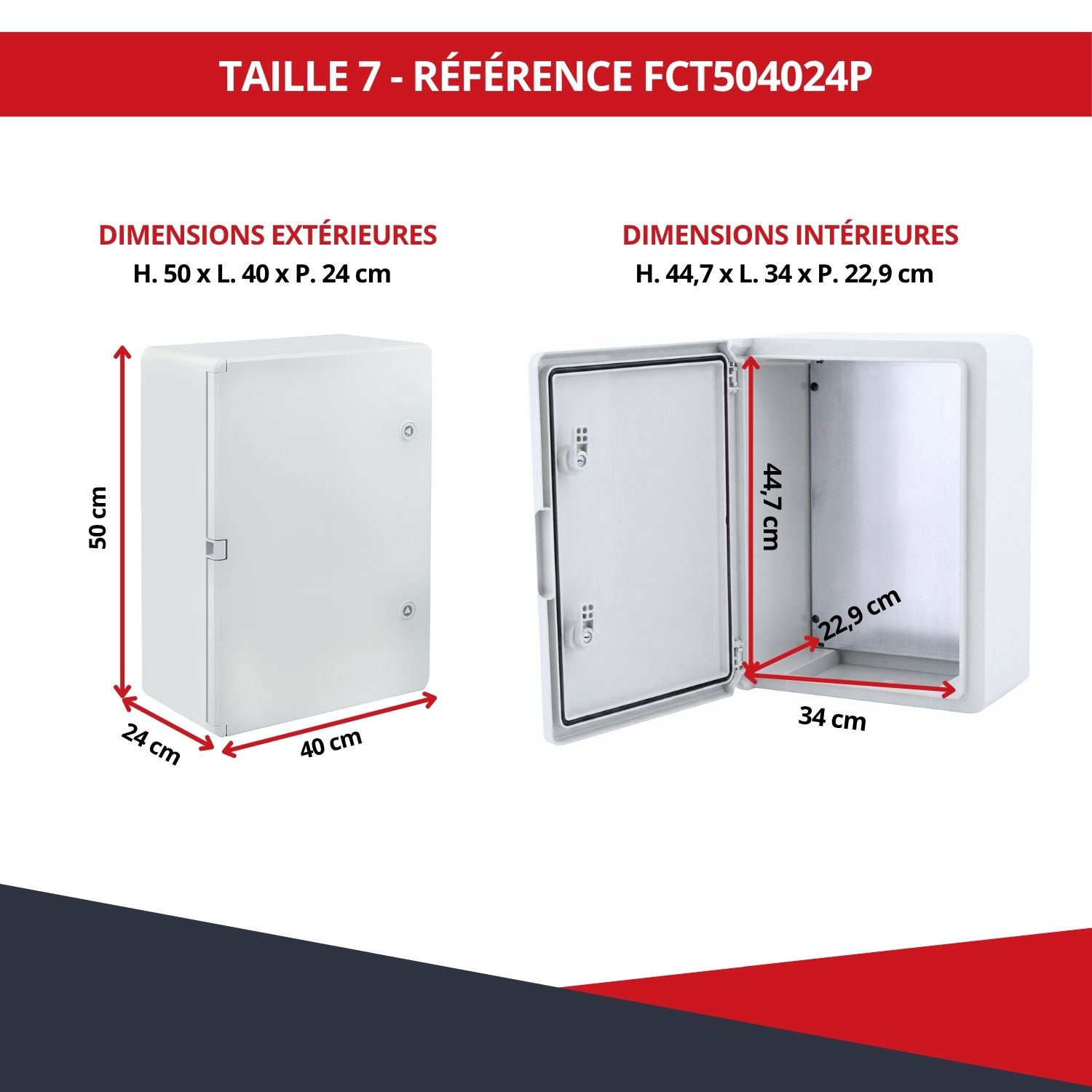 Dimensions boîtier électrique ABS étanche FCT504024P 50 x 40 x 24 cm
