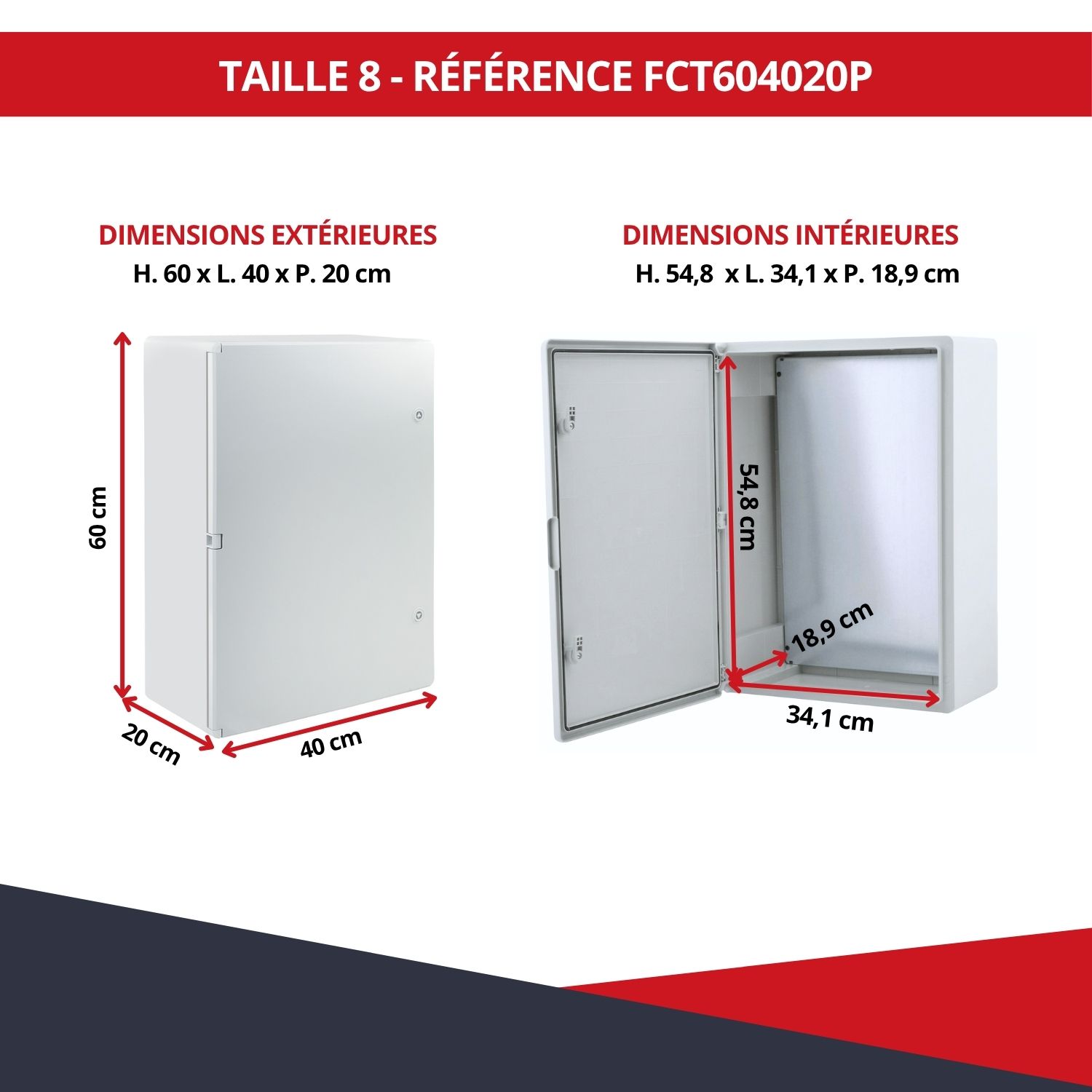Dimensions boîtier électrique ABS étanche FCT604020P 60 x 40 x 20 cm