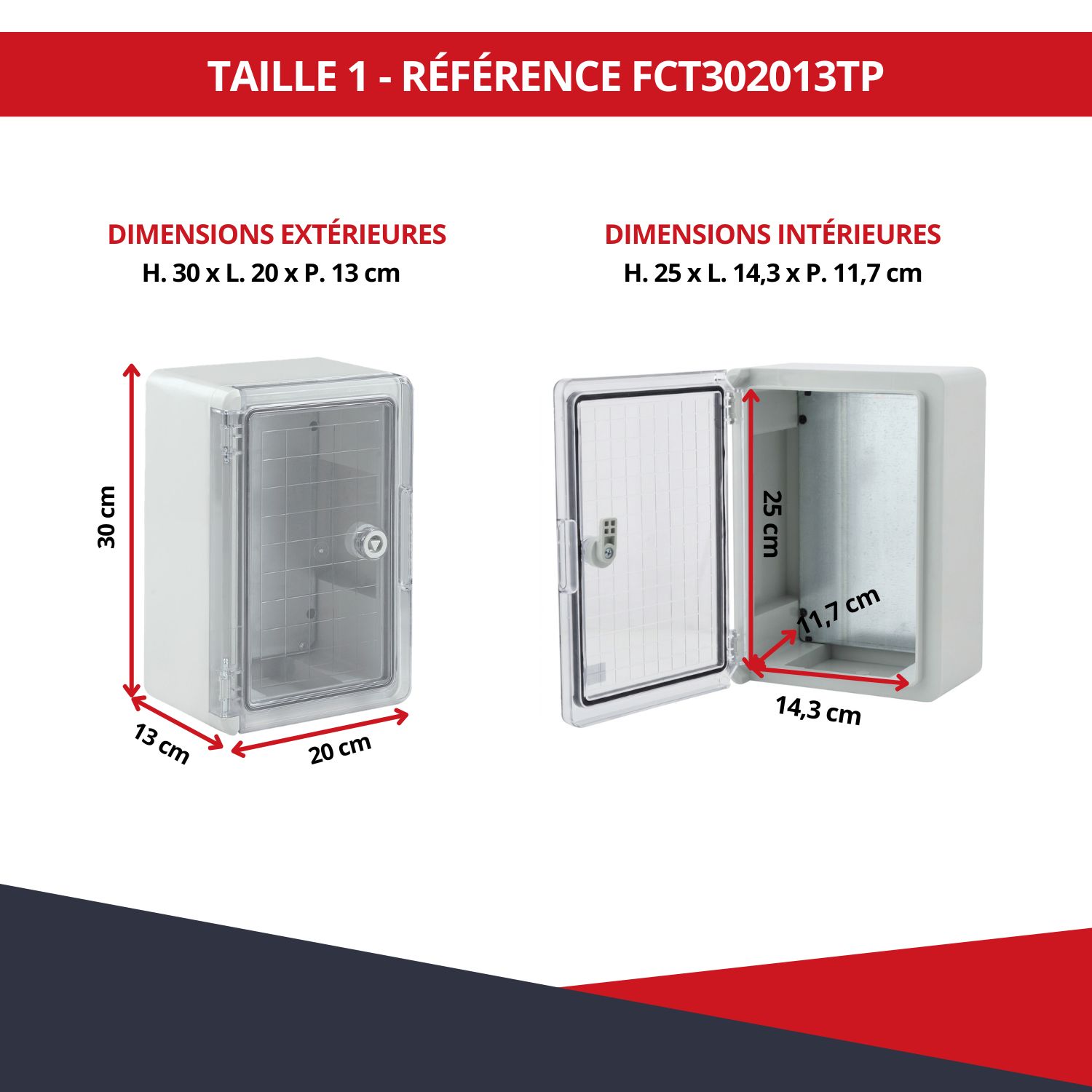 Dimensions boîtier électrique ABS étanche FCT302013TP 30 x 20 x 13 cm