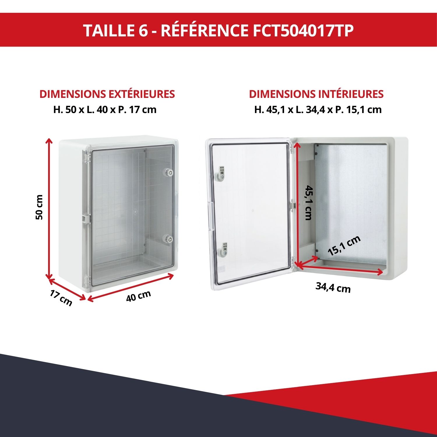 Dimensions boîtier électrique ABS étanche FCT504017TP 50 x 40 x 17 cm