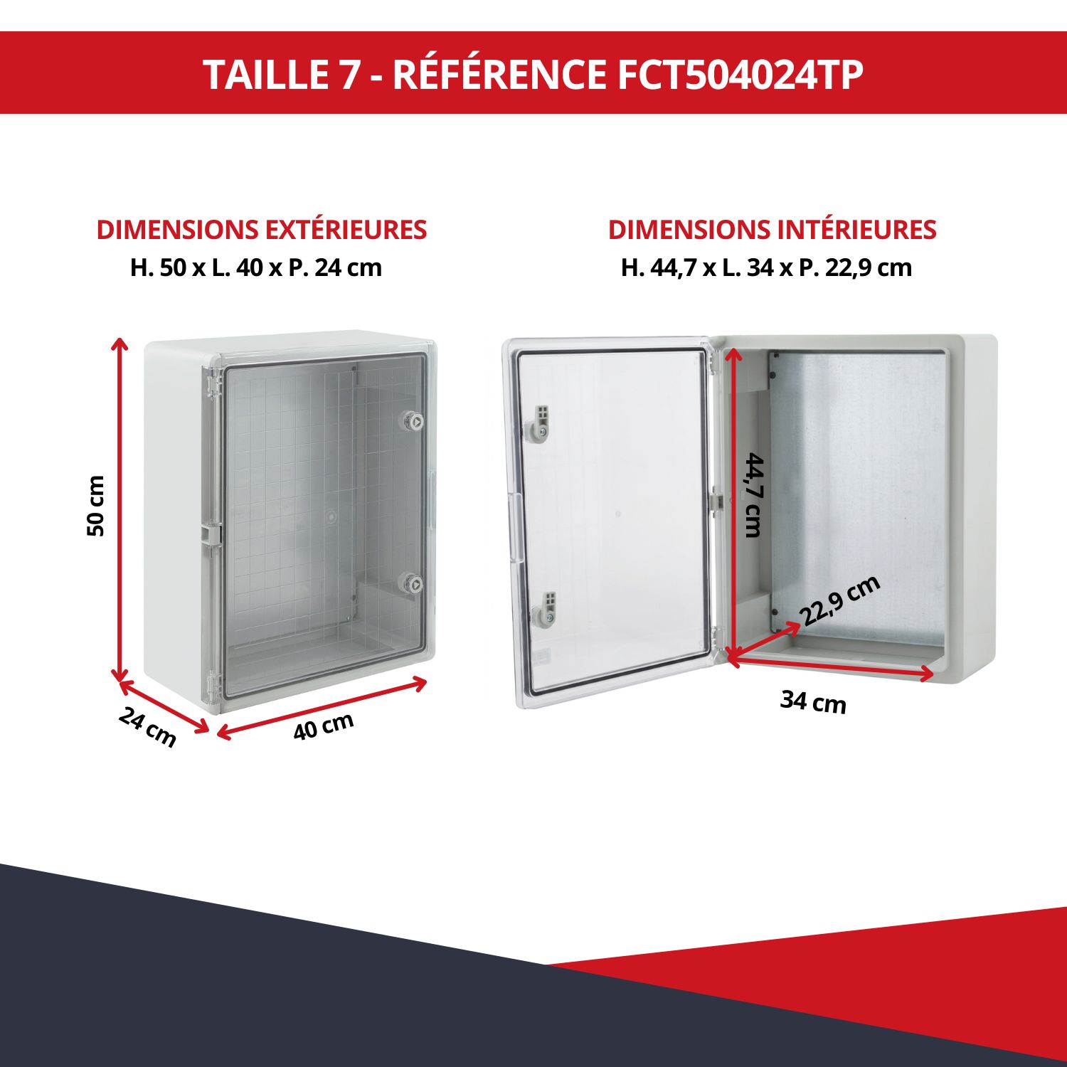 Dimensions boîtier électrique ABS étanche FCT504024TP 50 x 40 x 24 cm