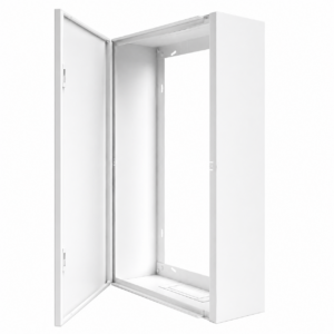 Coffret d’habillage tableau électrique acier thermolaqué blanc – porte standard – 13 modules – cotes utiles 48 x 26,8 x 12,5 cm – Ref. RCH100
